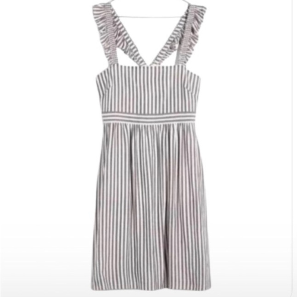 NWT $118 Madewell Ruffle Strap Lined Empire Dress! Grey White Stripe, Size 6